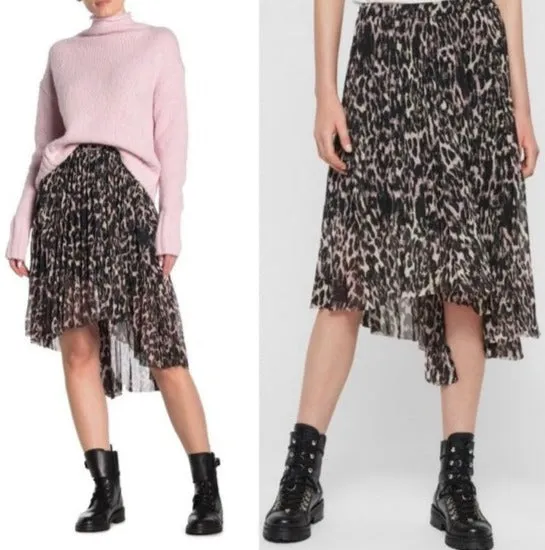 AllSaints Pleated Animal Print Asymmetric Skirt