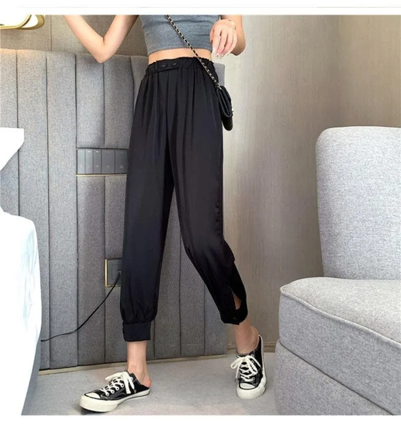 Ankle-Length Pants With Loose Fit And Side-Slit