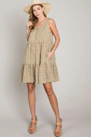 Babydoll Tiered Ditsy Flower Print Dress - Sage