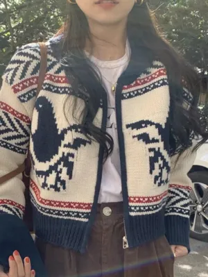 Back To School Sonicelife Vintage Print Zip Up Short Knit Cardigan
