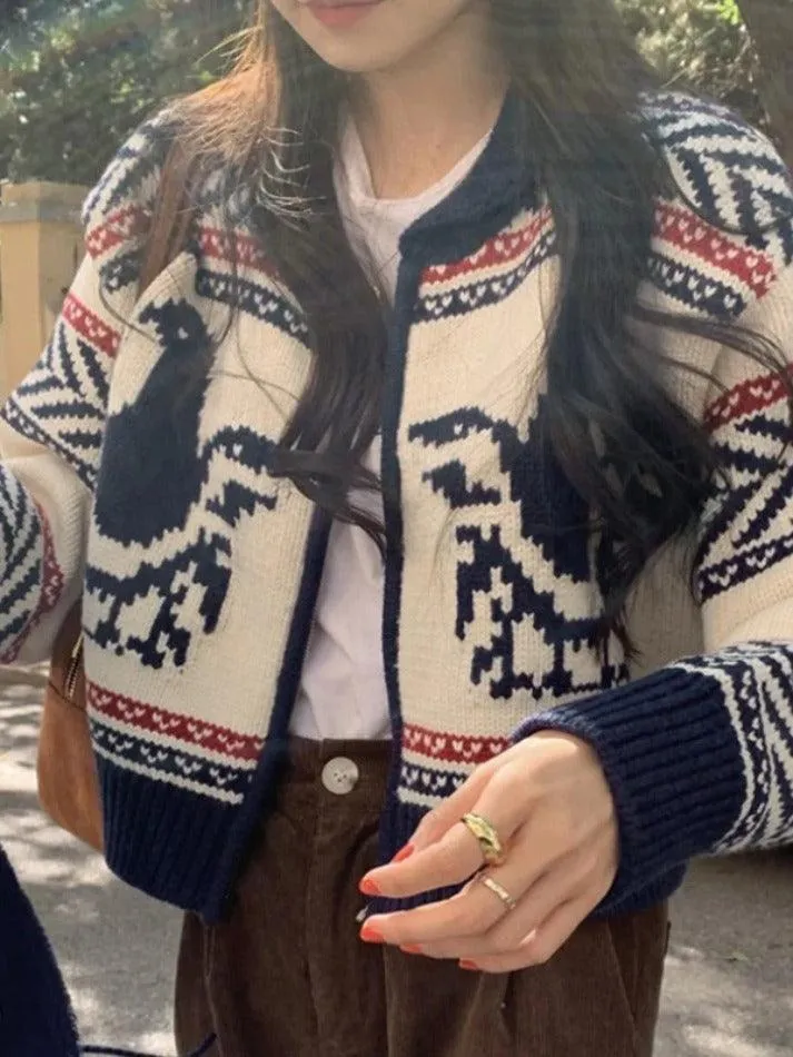 Back To School Sonicelife Vintage Print Zip Up Short Knit Cardigan