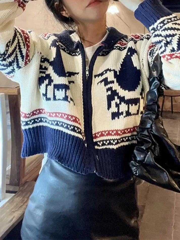 Back To School Sonicelife Vintage Print Zip Up Short Knit Cardigan