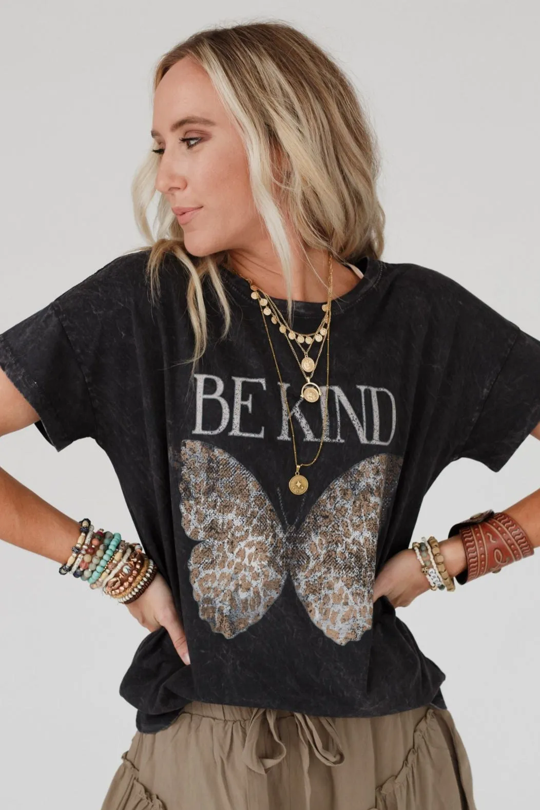 Be Kind Mineral Washed Graphic Tee - Charcoal
