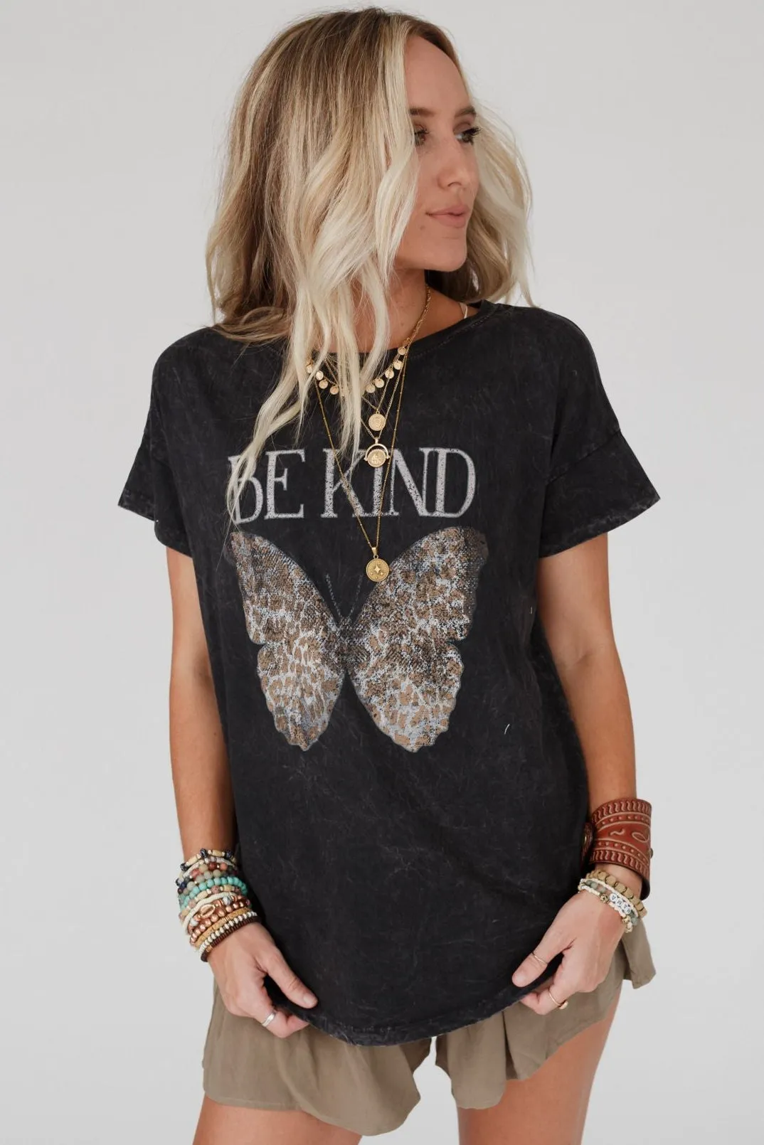 Be Kind Mineral Washed Graphic Tee - Charcoal
