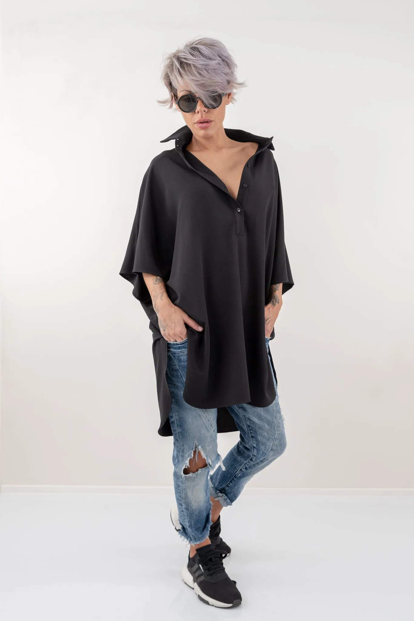 Black Loose Asymmetric Oversize Extravagant Shirt