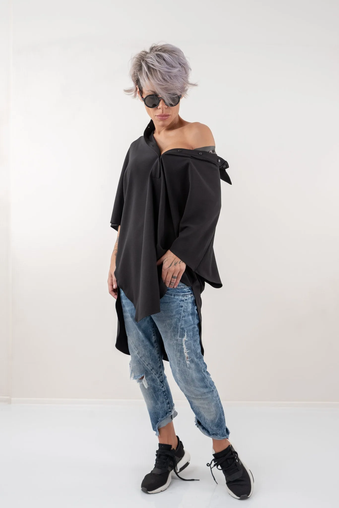 Black Loose Asymmetric Oversize Extravagant Shirt