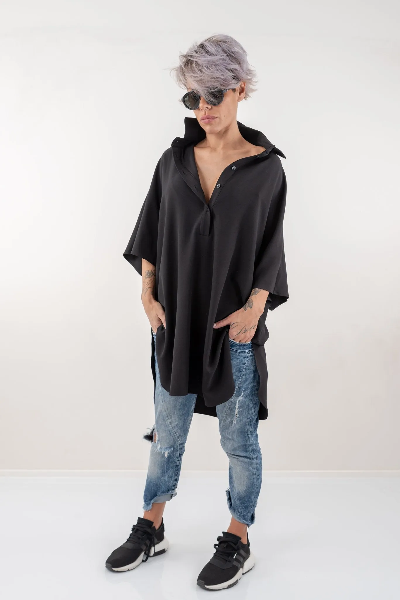 Black Loose Asymmetric Oversize Extravagant Shirt