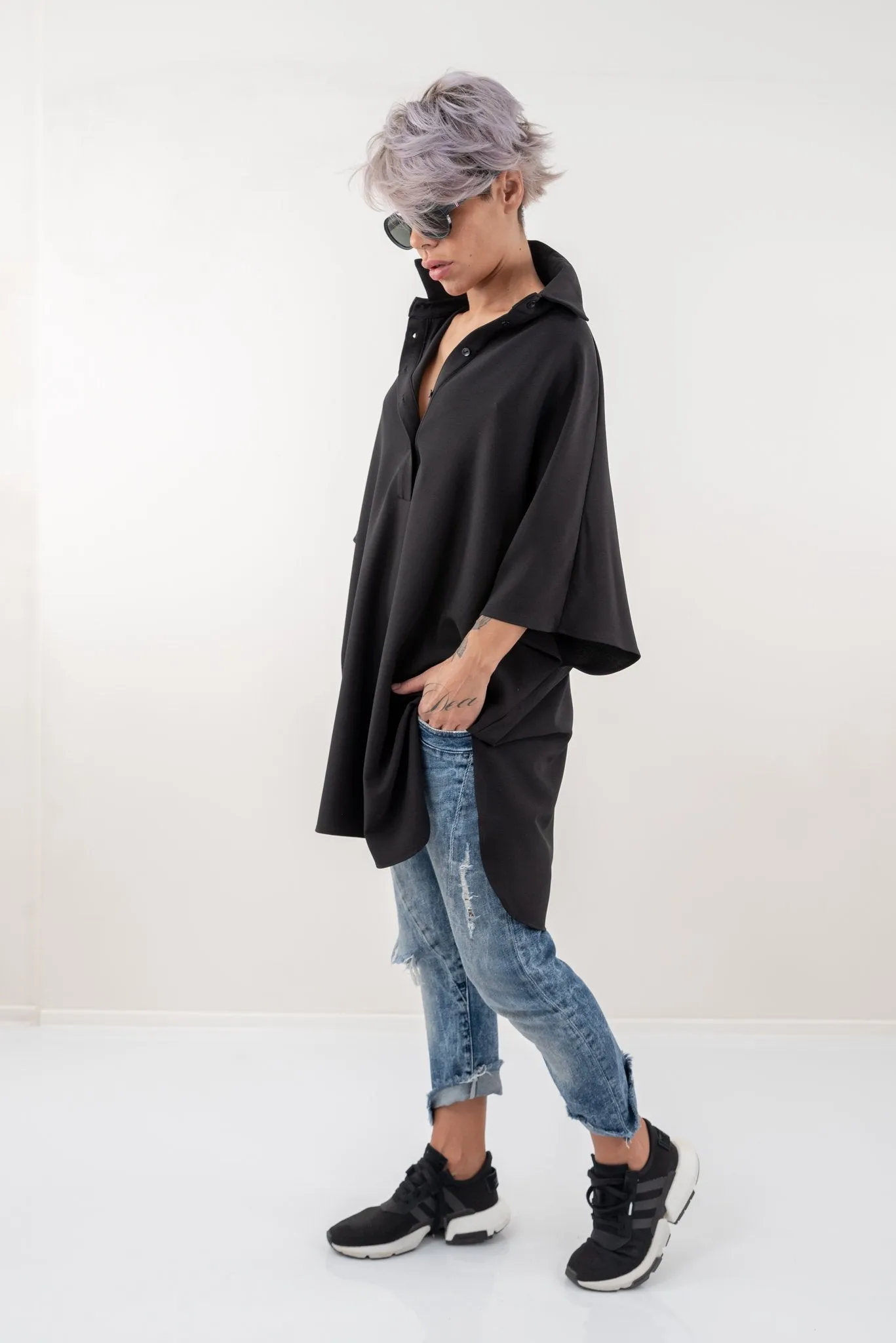 Black Loose Asymmetric Oversize Extravagant Shirt