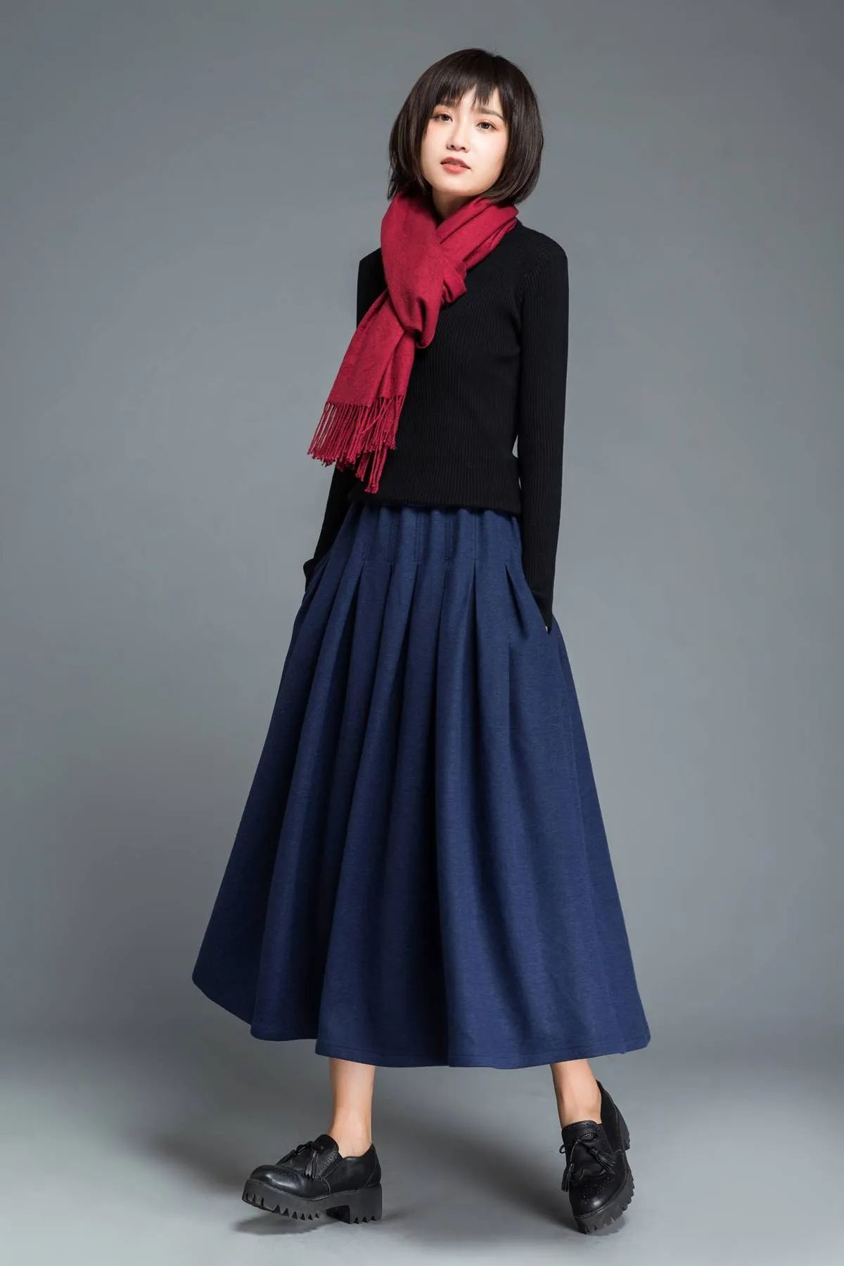 Blue wool skirt, long skirt, wool skirt, winter skirt, womens skirt, blue skirt, pleated skirt, skirt with pockets, long wool skirt C1213