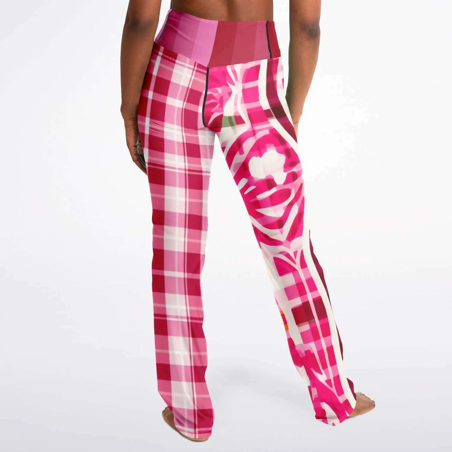 Cabbage Rose Pink Floral Plaid Bootcut Leggings