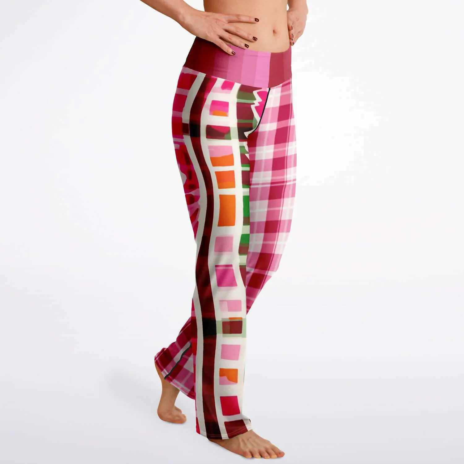 Cabbage Rose Pink Floral Plaid Bootcut Leggings