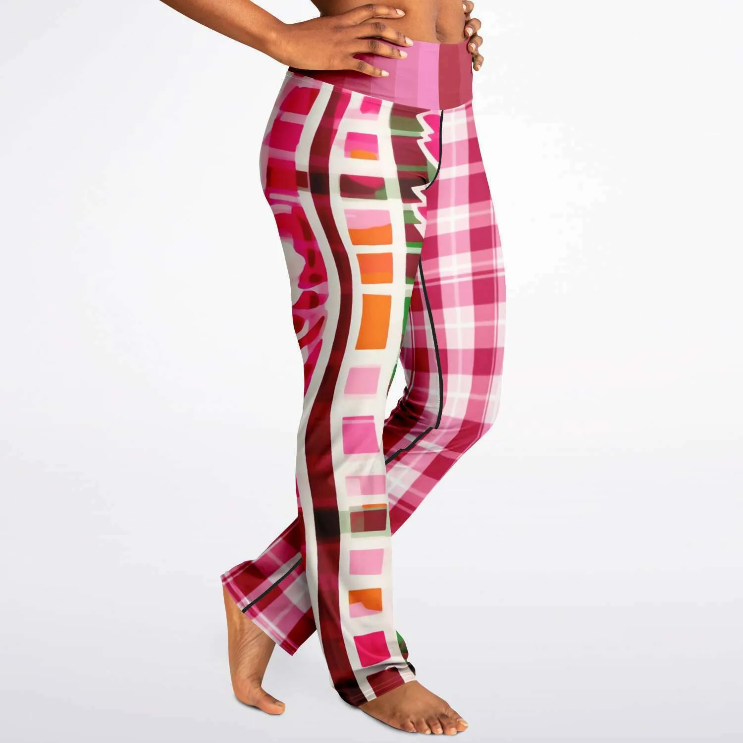 Cabbage Rose Pink Floral Plaid Bootcut Leggings