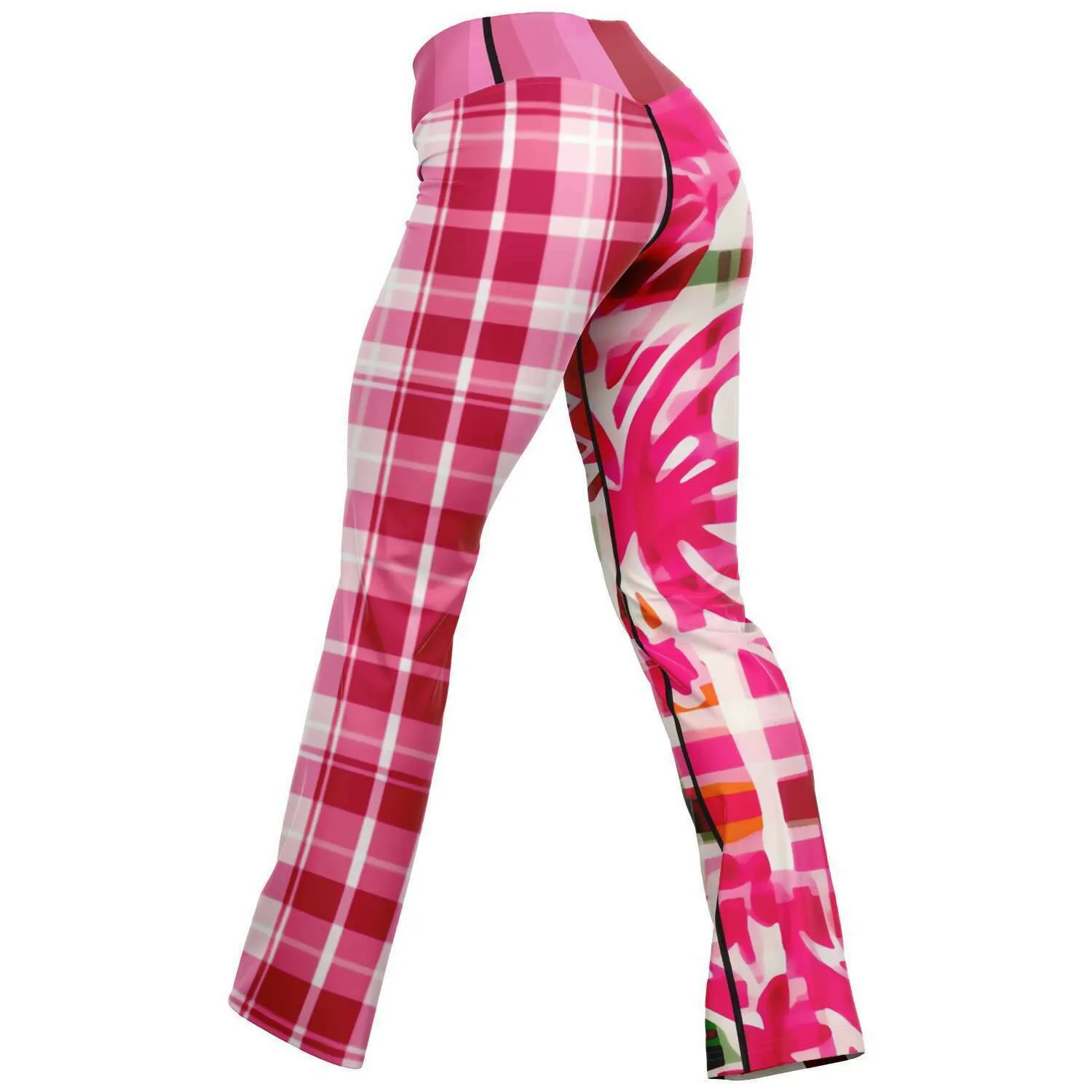 Cabbage Rose Pink Floral Plaid Bootcut Leggings