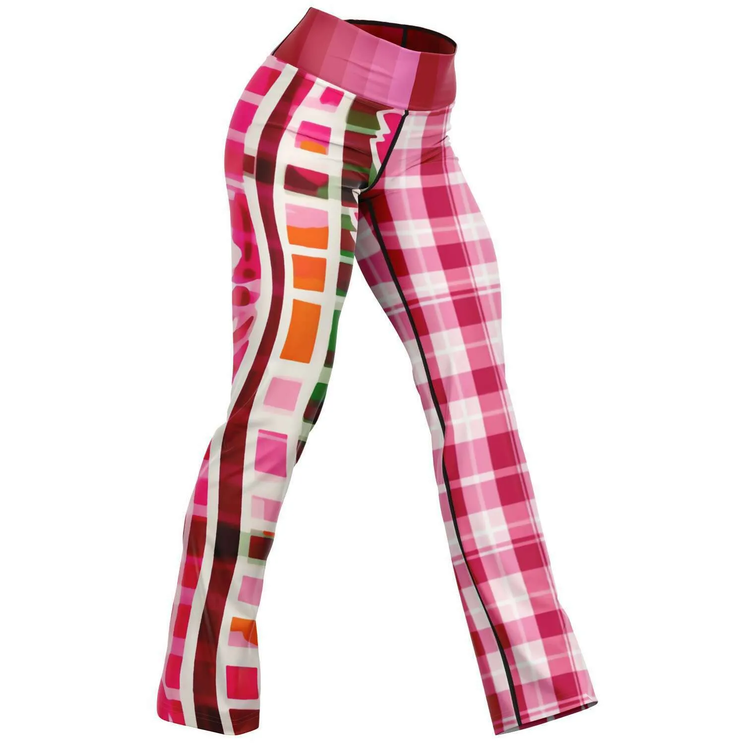 Cabbage Rose Pink Floral Plaid Bootcut Leggings
