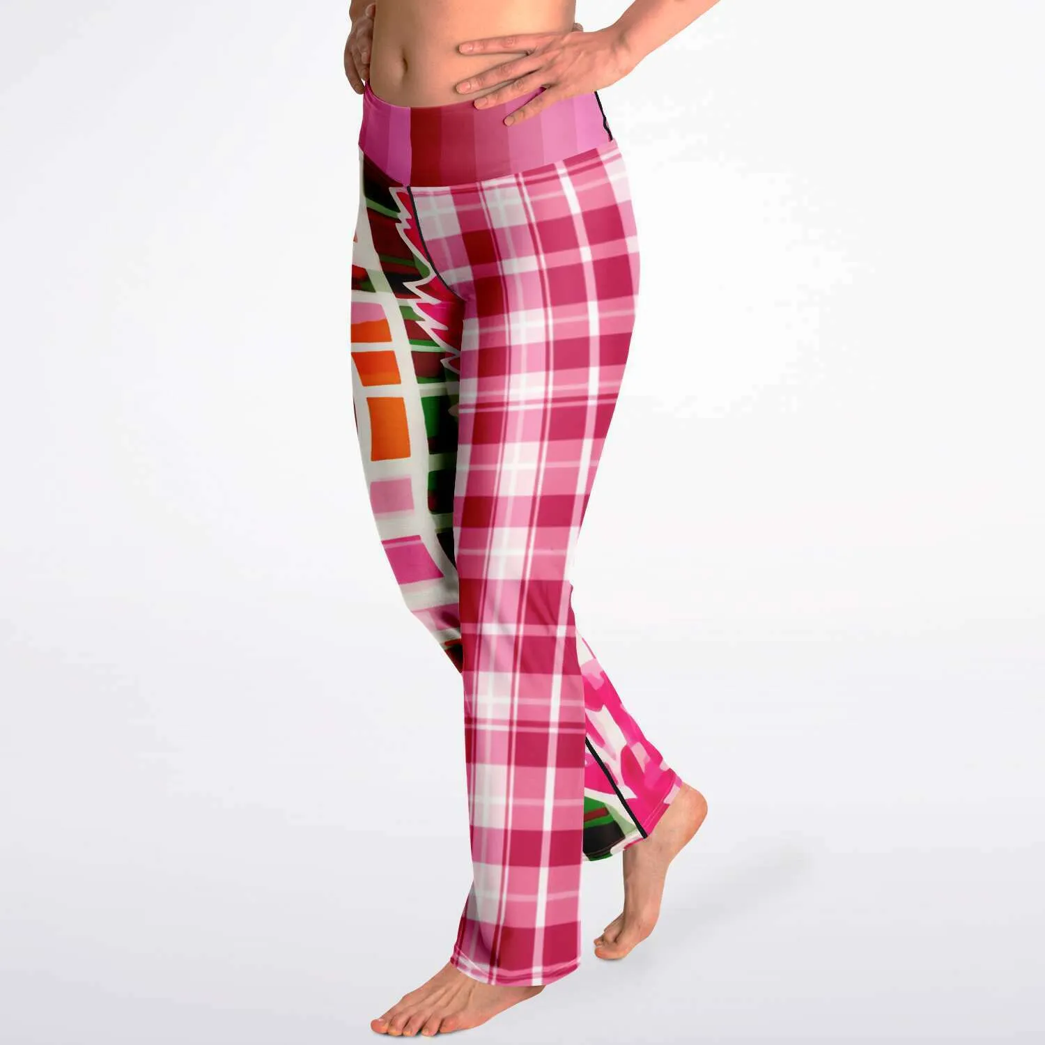 Cabbage Rose Pink Floral Plaid Bootcut Leggings