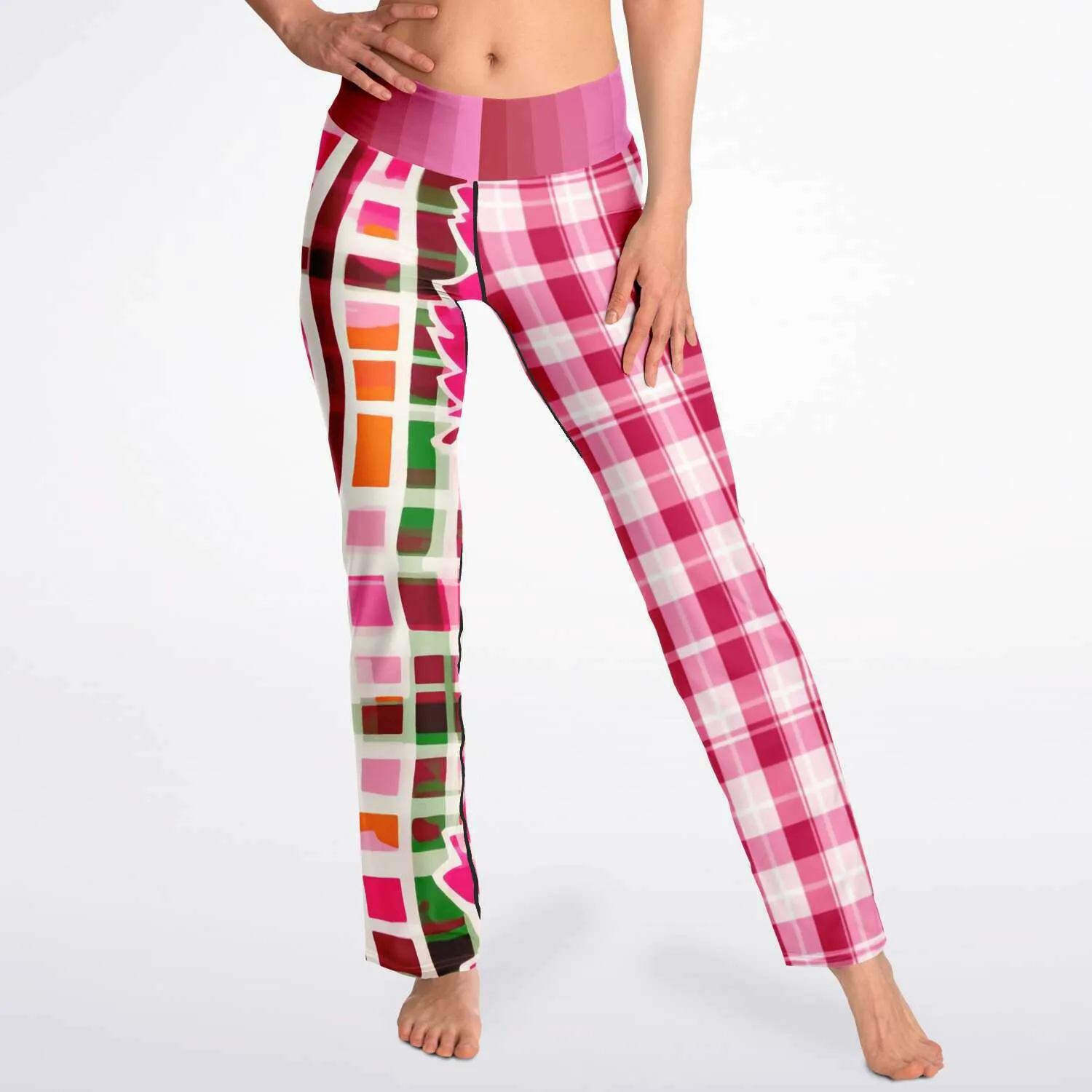 Cabbage Rose Pink Floral Plaid Bootcut Leggings