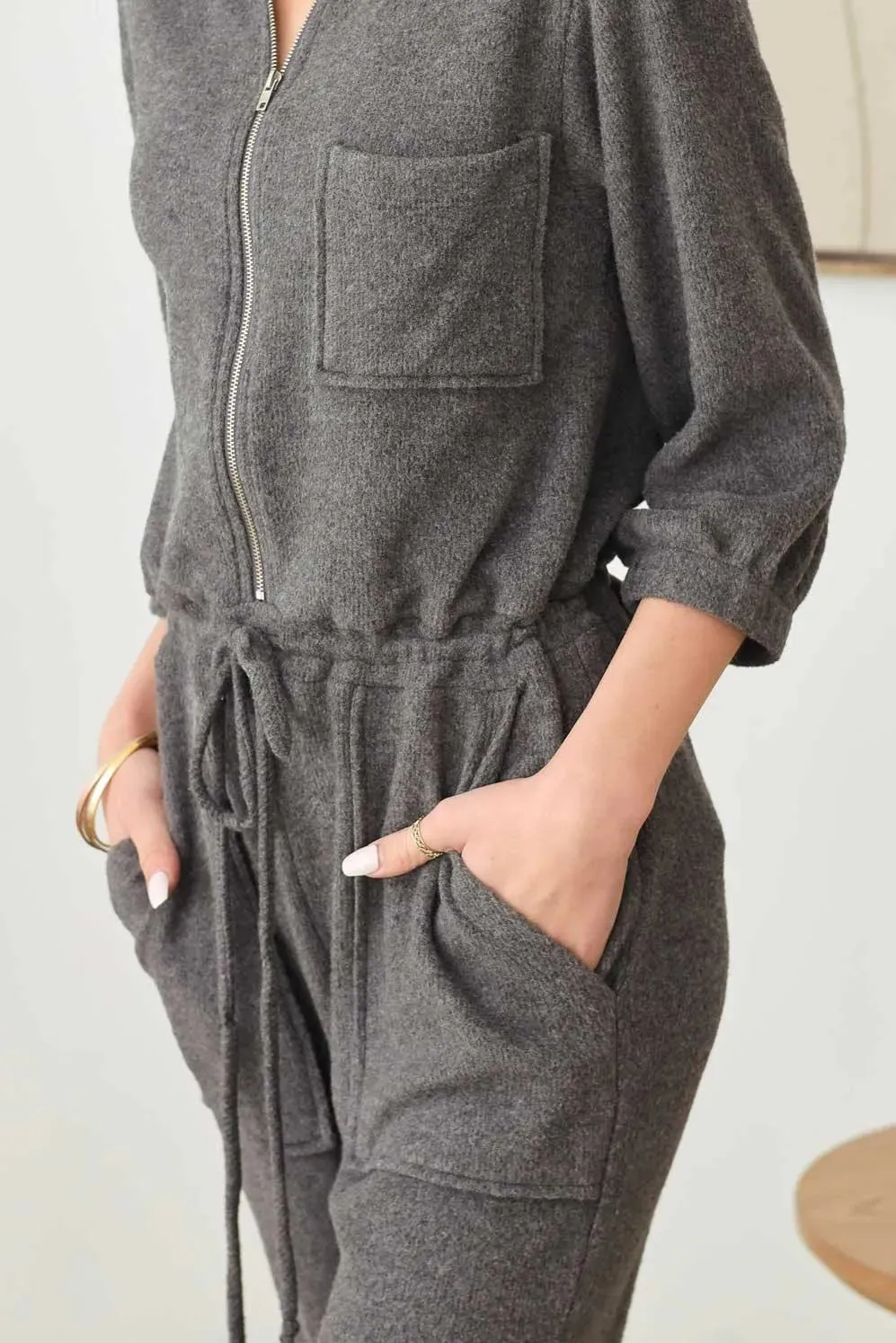 Casual Knit 3/4 Sleeve Half Zipper Drawstring Waist Knit Jumper
