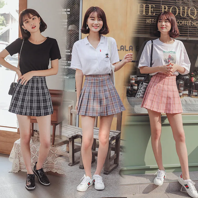 College All-Matching High Waist Slim Look Chequered Pleated Skirt Tennis Women Skirt