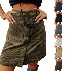 Corduroy Distressed High Waist Breasted Design Skirt
