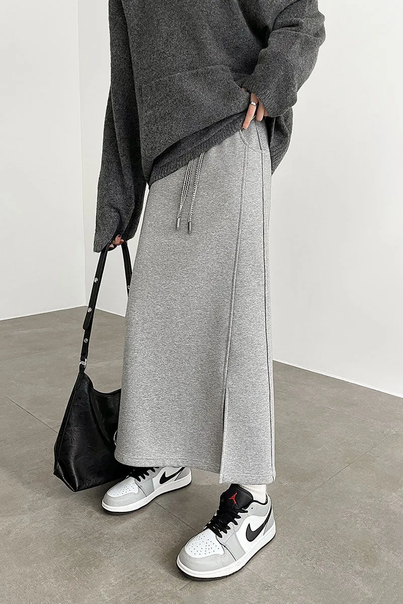Cotton-Silk Blend Fleece Lined Sweat Drawstring Maxi Skirt with Side Slit