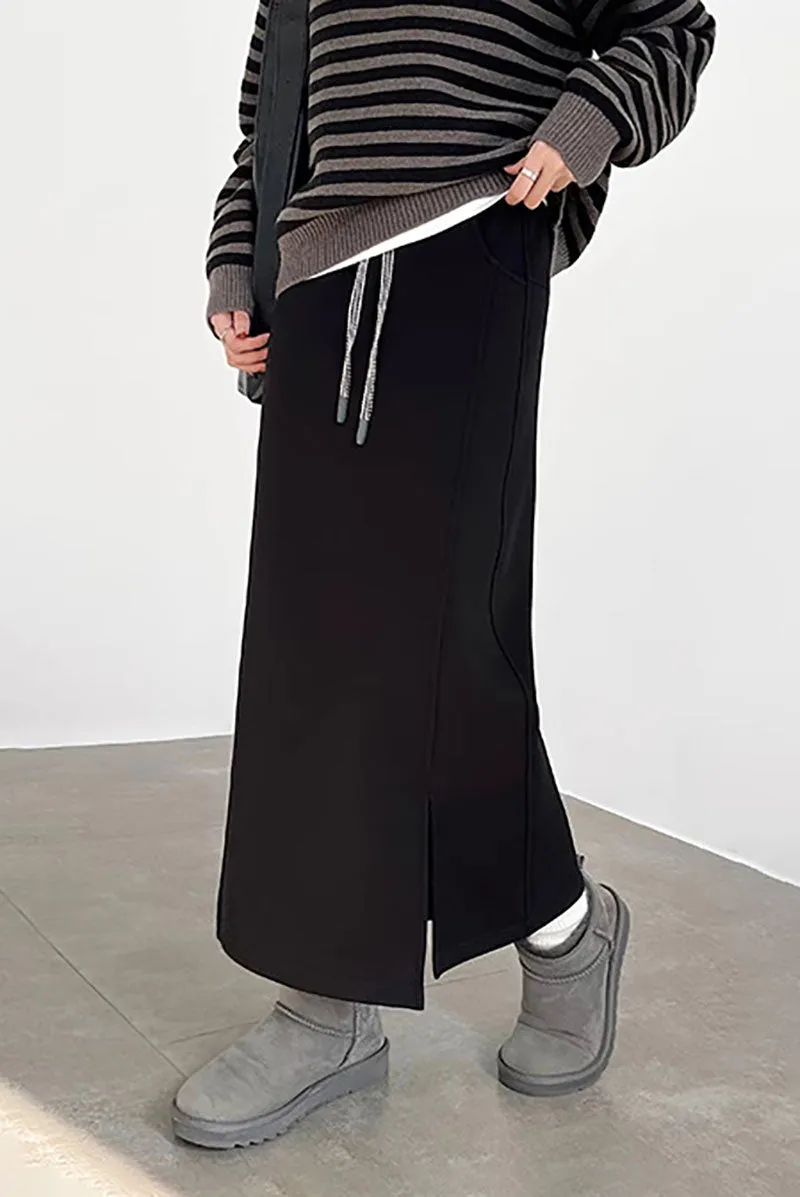 Cotton-Silk Blend Fleece Lined Sweat Drawstring Maxi Skirt with Side Slit
