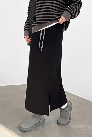 Cotton-Silk Blend Fleece Lined Sweat Drawstring Maxi Skirt with Side Slit