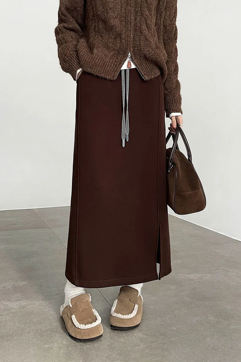 Cotton-Silk Blend Fleece Lined Sweat Drawstring Maxi Skirt with Side Slit