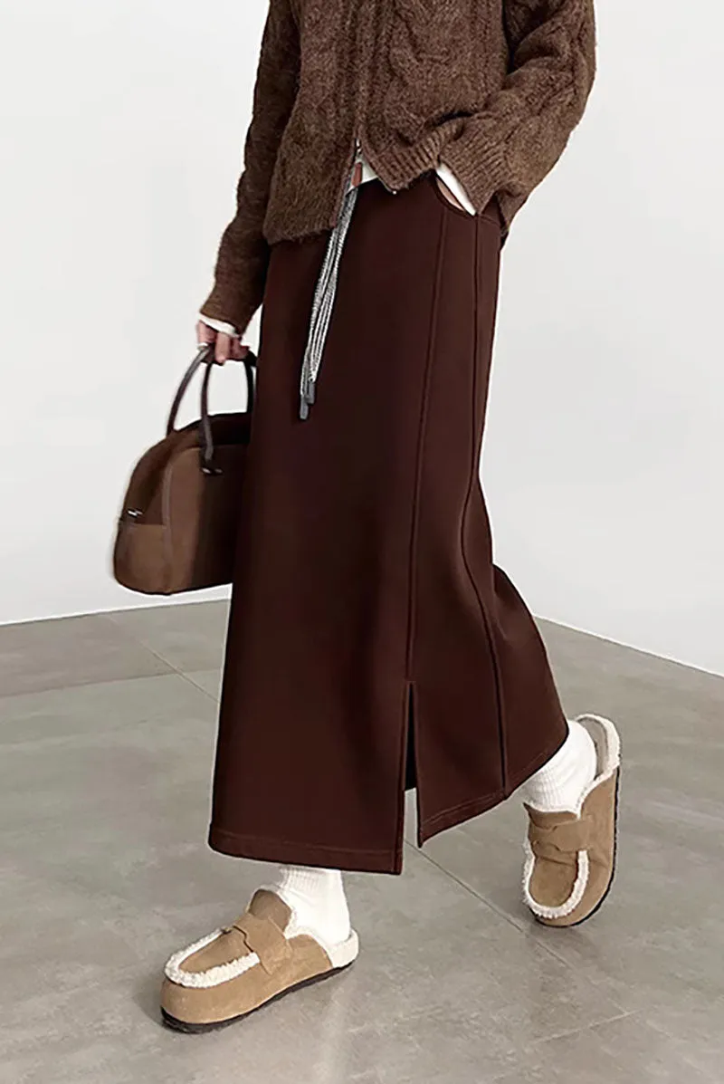 Cotton-Silk Blend Fleece Lined Sweat Drawstring Maxi Skirt with Side Slit