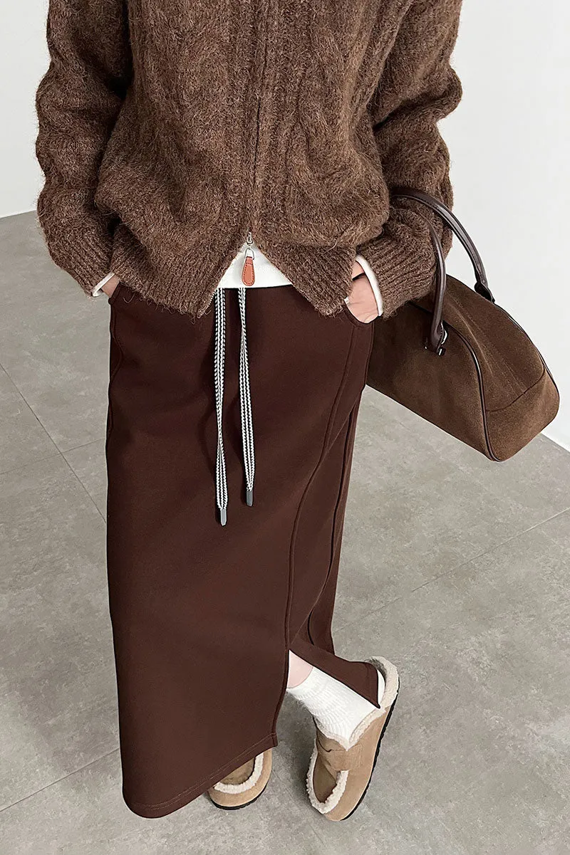 Cotton-Silk Blend Fleece Lined Sweat Drawstring Maxi Skirt with Side Slit