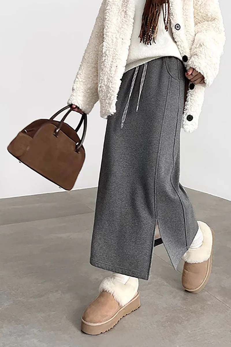 Cotton-Silk Blend Fleece Lined Sweat Drawstring Maxi Skirt with Side Slit