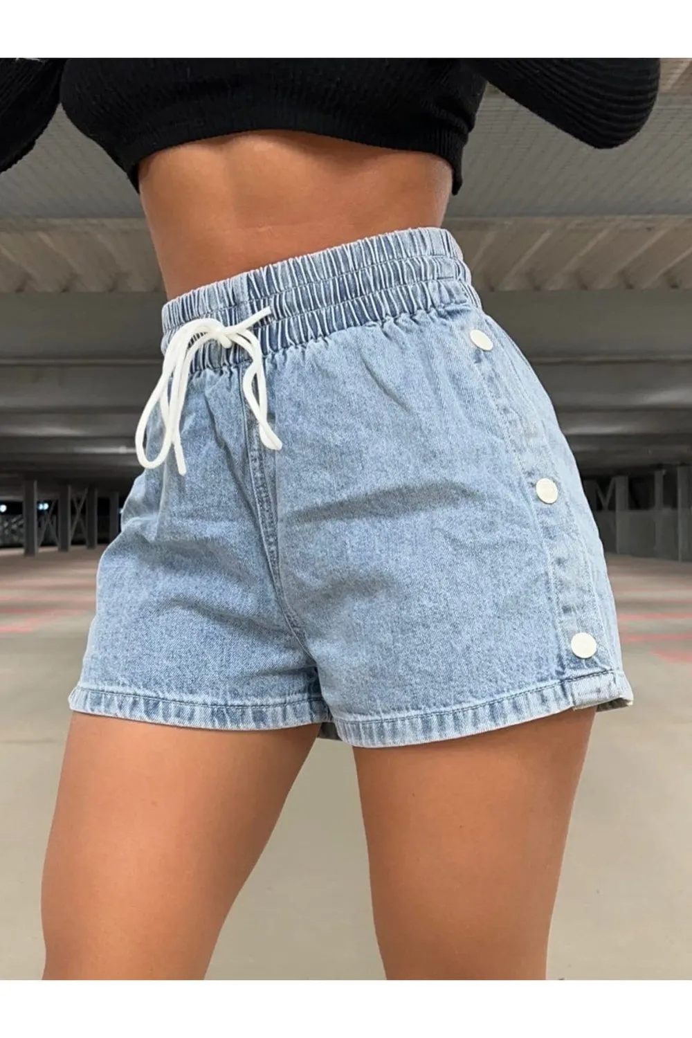 Drawstring High Waist Denim Shorts
