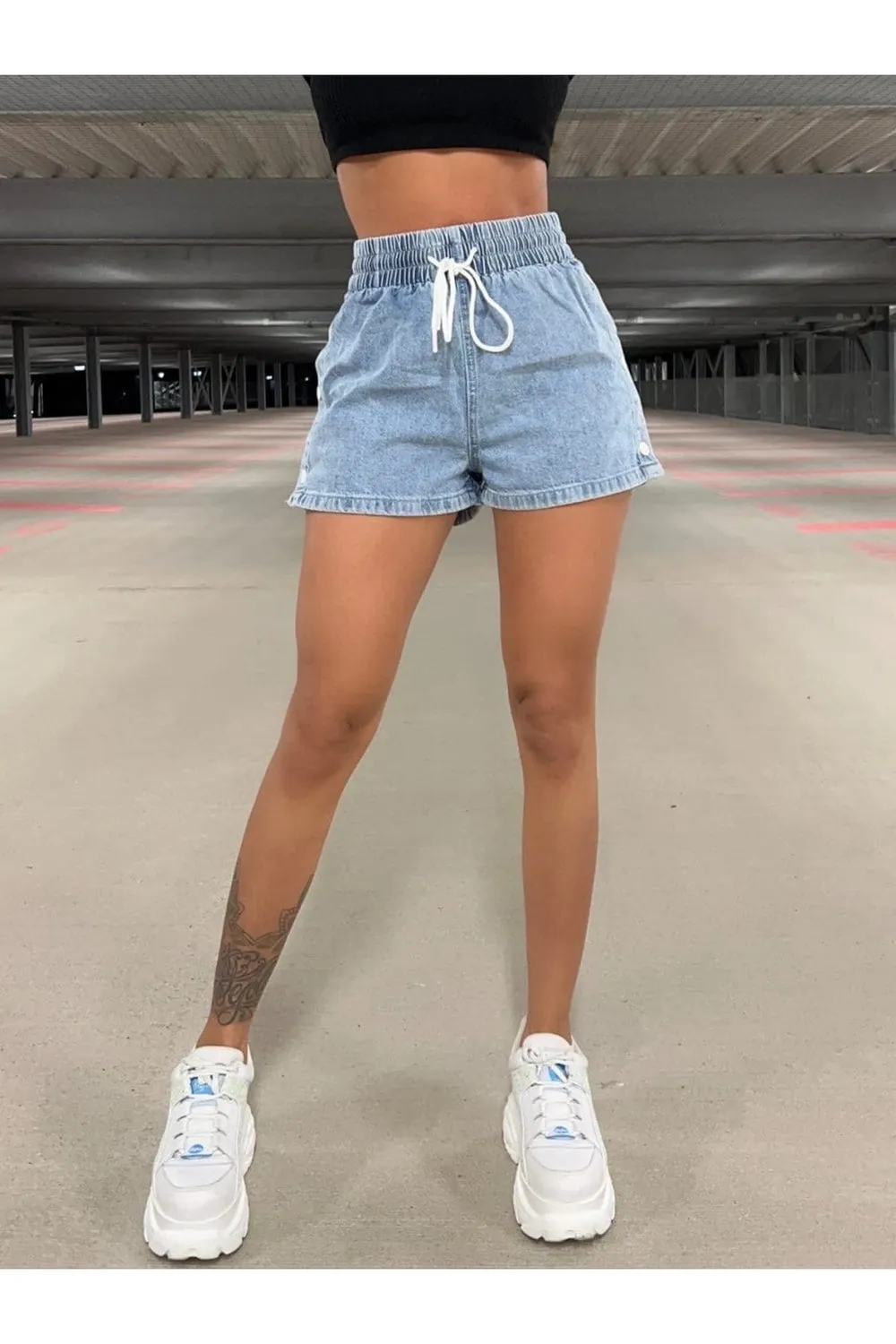 Drawstring High Waist Denim Shorts