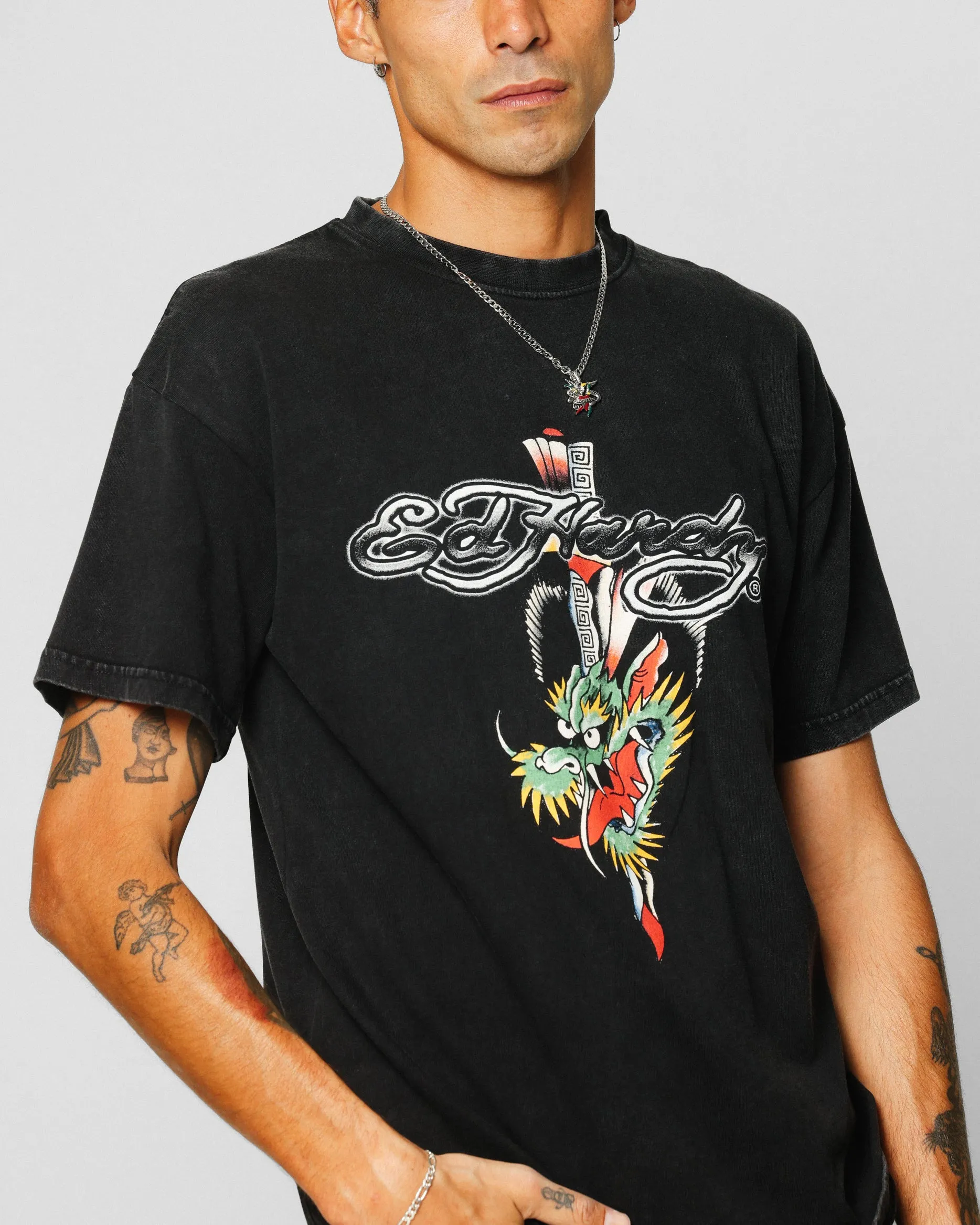 Ed Hardy Dragon Logo T-Shirt Black Acidwash