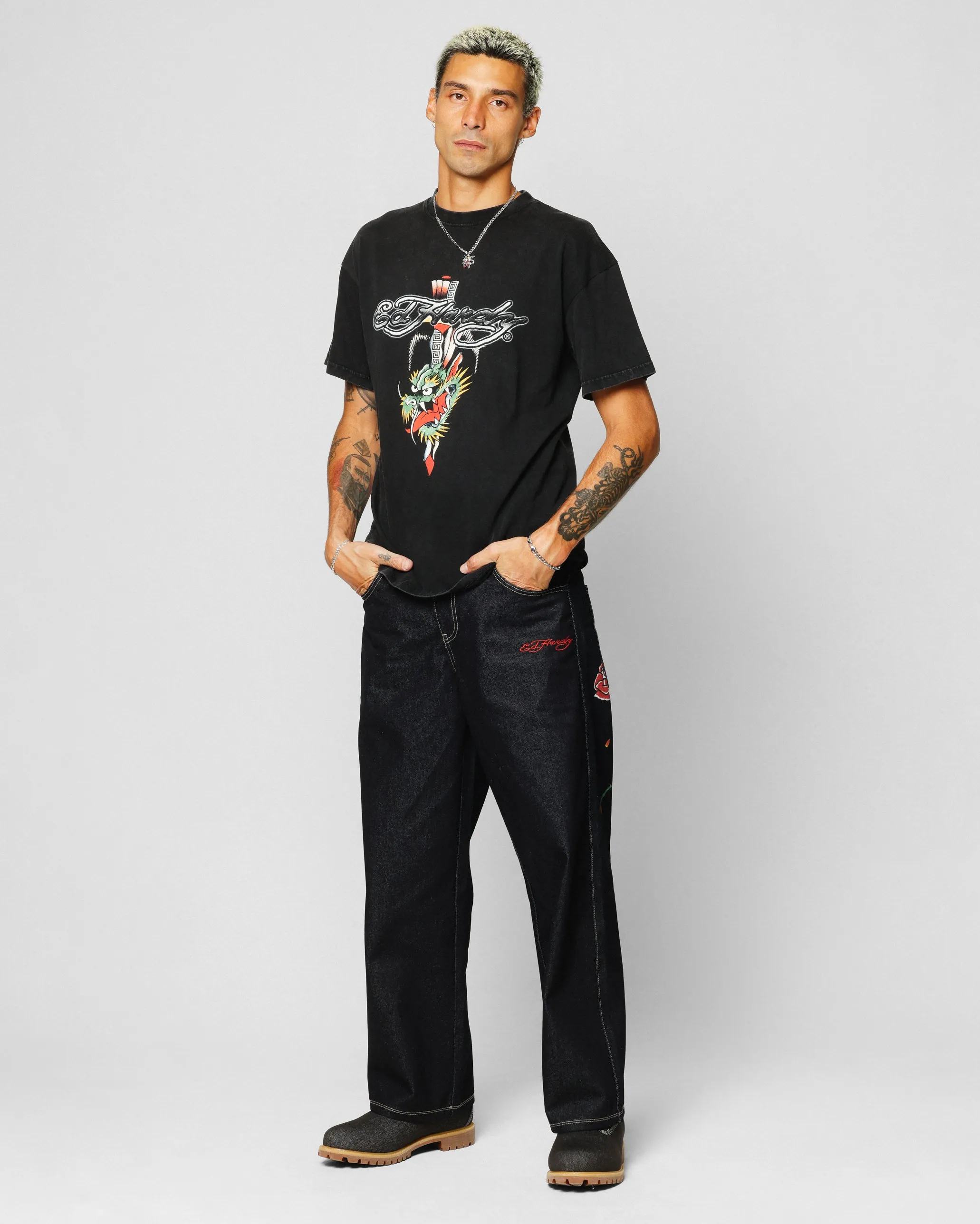 Ed Hardy Dragon Logo T-Shirt Black Acidwash