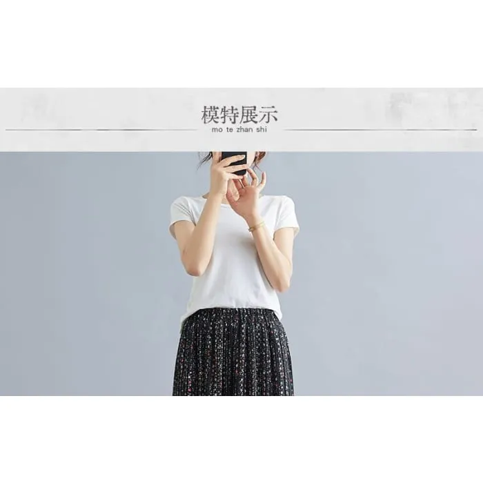 Elastic Waist Floral Print Accordion Pleated Maxi A-Line Skirt