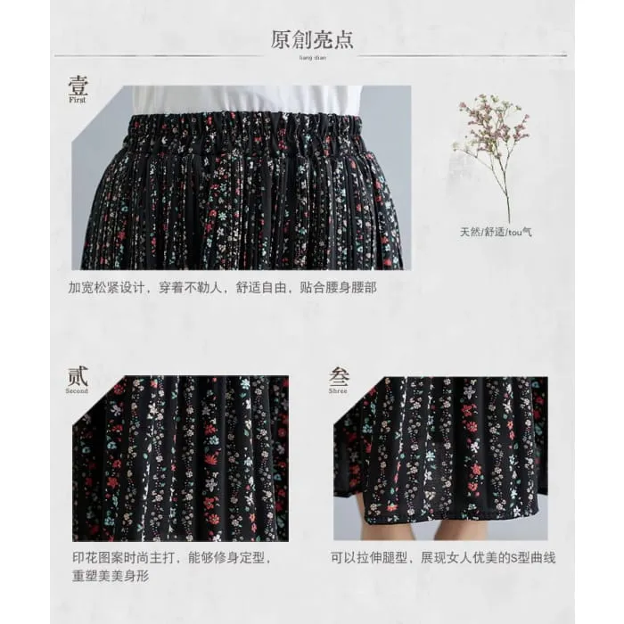 Elastic Waist Floral Print Accordion Pleated Maxi A-Line Skirt