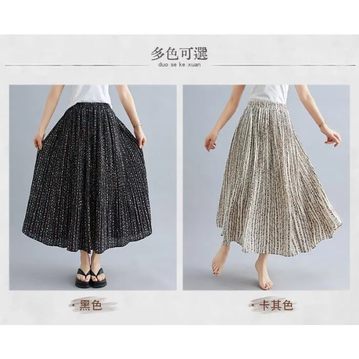 Elastic Waist Floral Print Accordion Pleated Maxi A-Line Skirt