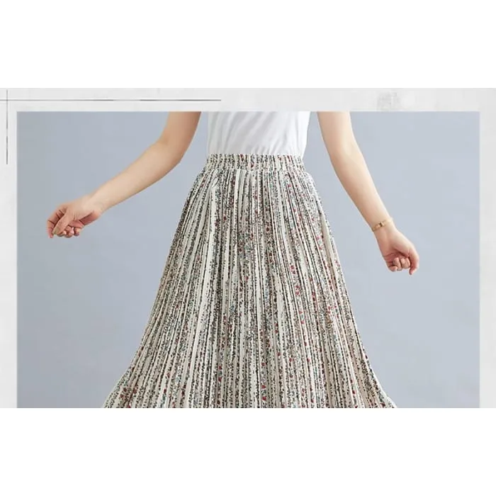 Elastic Waist Floral Print Accordion Pleated Maxi A-Line Skirt
