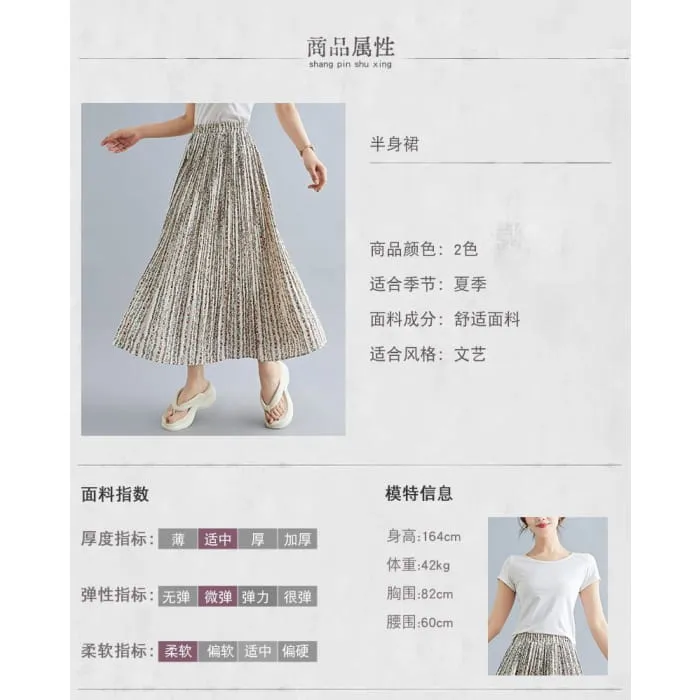 Elastic Waist Floral Print Accordion Pleated Maxi A-Line Skirt