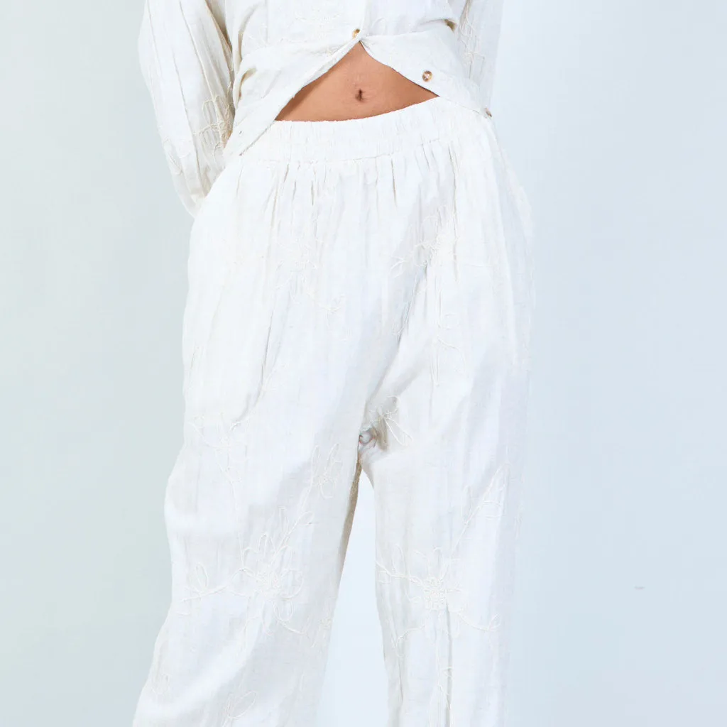 Embroidered linen pants with elastic waistband wholesale