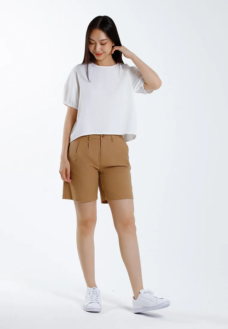 Forest Ladies Stretchable Cotton Linen Pleated Bermuda Shorts Women Short Pants - 870151