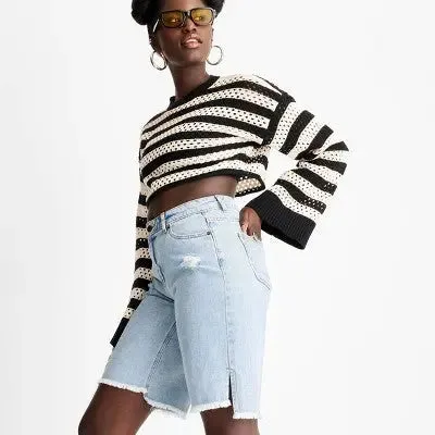 Future Collective High-Rise Bermuda Jeans Denim Shorts Frayed, Light Blue, 0
