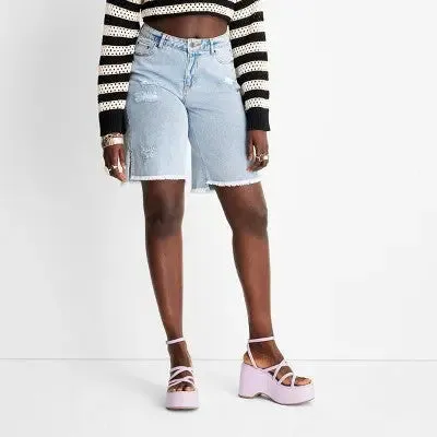 Future Collective High-Rise Bermuda Jeans Denim Shorts Frayed, Light Blue, 0