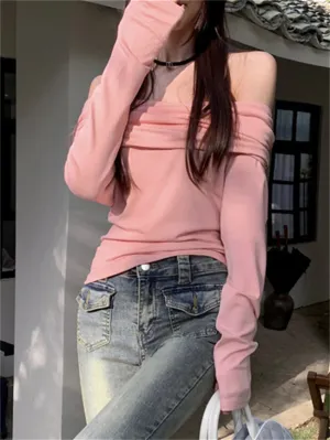 Girlary Gentle Lady Tees Women Slash Neck Sexy Spring 2024 Daily Slim Solid New Full Sleeve Off Shoulders Casual Chic T-Shirt