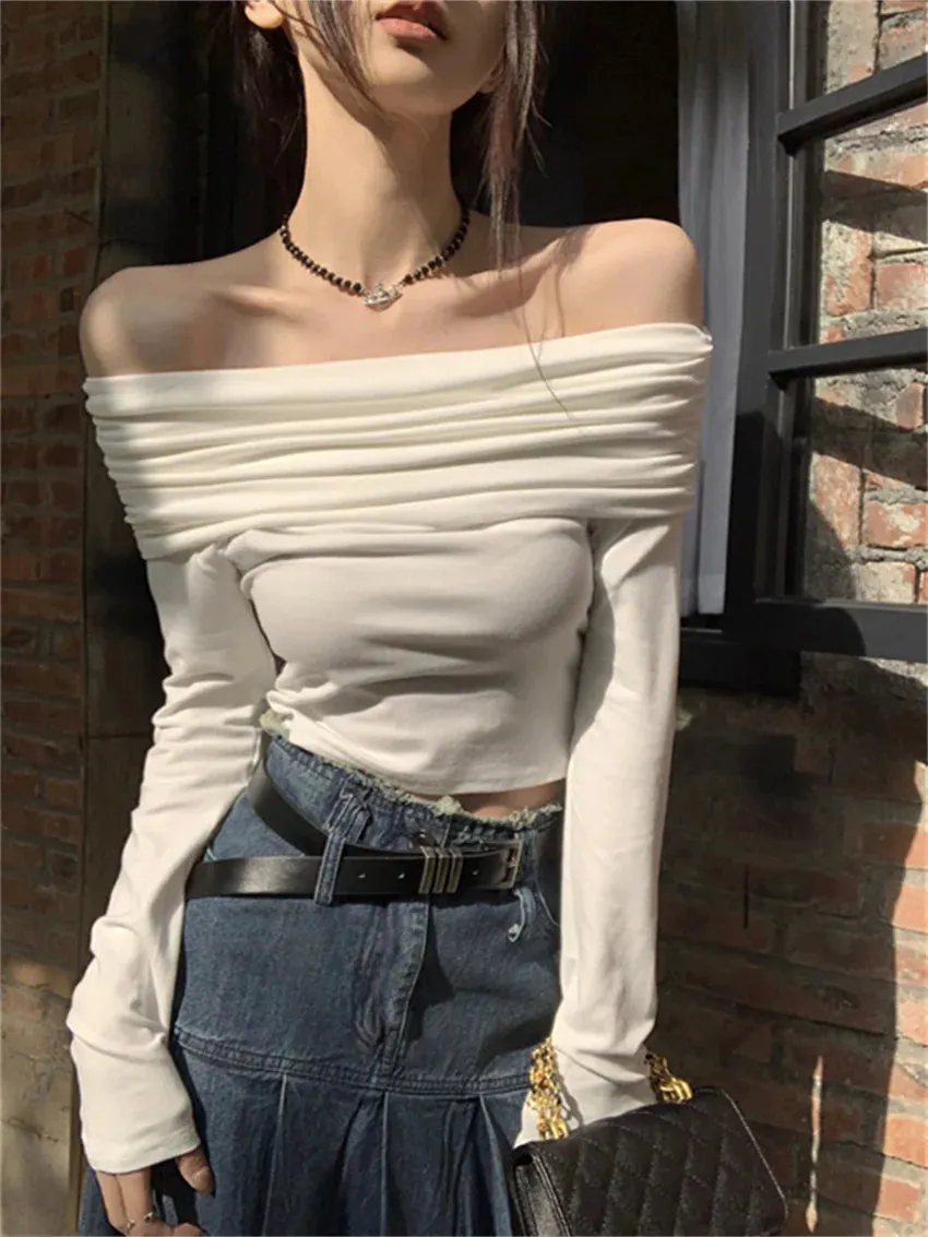 Girlary Gentle Lady Tees Women Slash Neck Sexy Spring 2024 Daily Slim Solid New Full Sleeve Off Shoulders Casual Chic T-Shirt