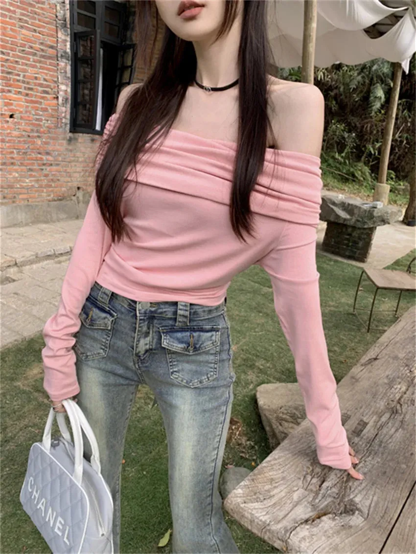 Girlary Gentle Lady Tees Women Slash Neck Sexy Spring 2024 Daily Slim Solid New Full Sleeve Off Shoulders Casual Chic T-Shirt