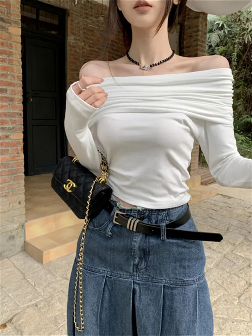 Girlary Gentle Lady Tees Women Slash Neck Sexy Spring 2024 Daily Slim Solid New Full Sleeve Off Shoulders Casual Chic T-Shirt