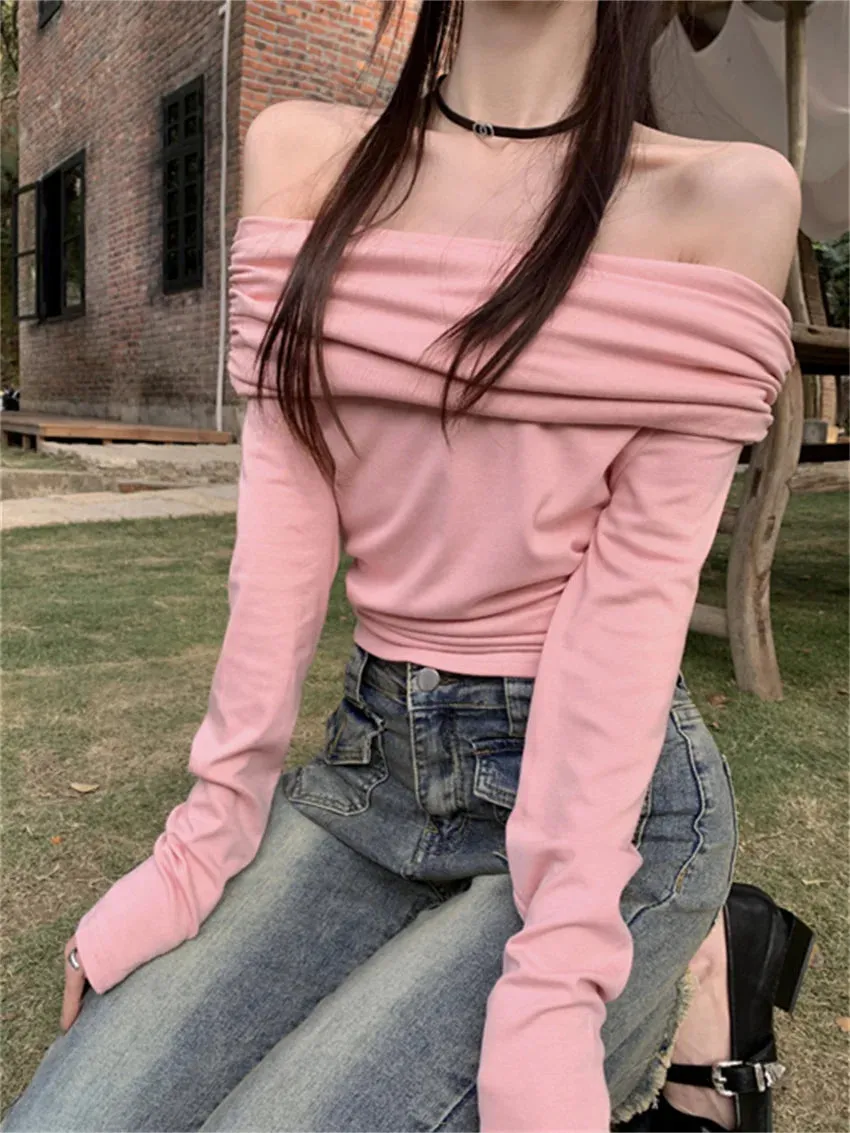 Girlary Gentle Lady Tees Women Slash Neck Sexy Spring 2024 Daily Slim Solid New Full Sleeve Off Shoulders Casual Chic T-Shirt