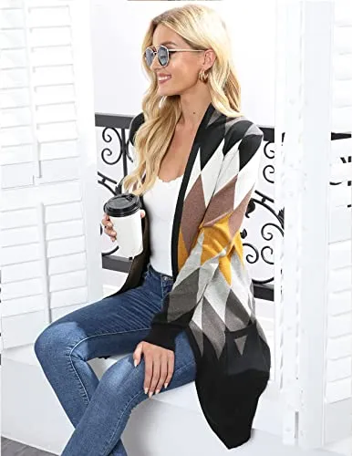 GRACE KARIN Women's Cardigan Sweater Color Block Long Sleeve Casual Long Sleeve Argyle Black S
