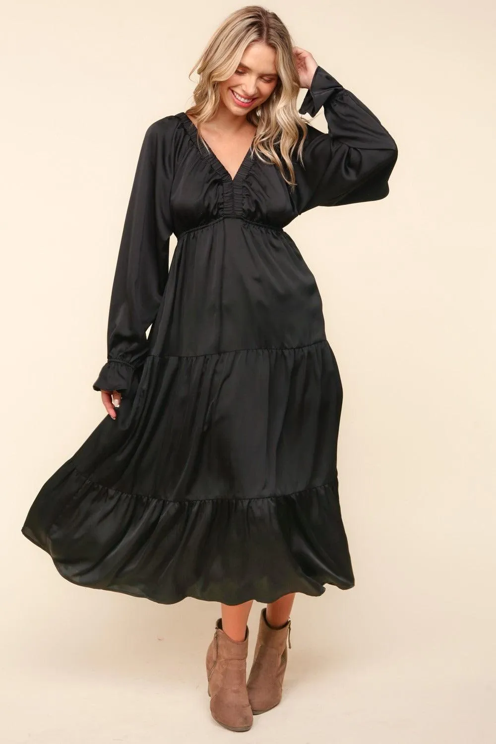 Haptics Midi Dress Flounce Long Sleeve Tiered with Pockets